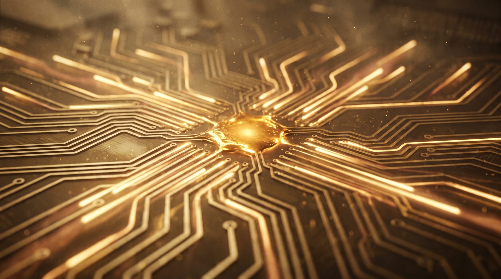Pulses of gold light racing outward from one node along every branching circuit trace