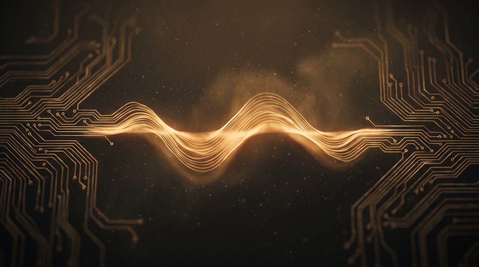 Golden circuit traces gathering into the shape of a sound waveform